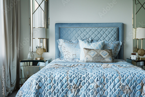 Timeless art deco bedroom with a quilted sky blue headboard, mirrored side tables, and a geometric patterned duvet.