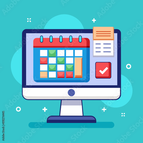 Computer calendar - Desktop pc screen with dates and tasks marked. Time planning and schedule concept  vector illustration with white background