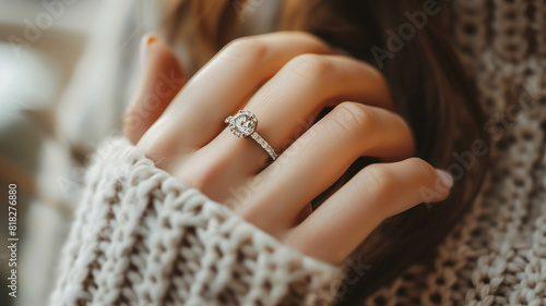 Close-up of a woman's hand adorned with an elegant engagement diamond ring © Partha