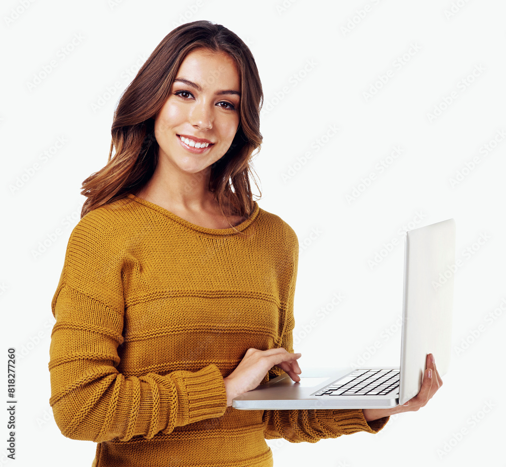 Naklejka premium Happy woman, web designer and laptop for software development or algorithm update isolated in studio. Female person and programmer with computer for writing code or script with white background