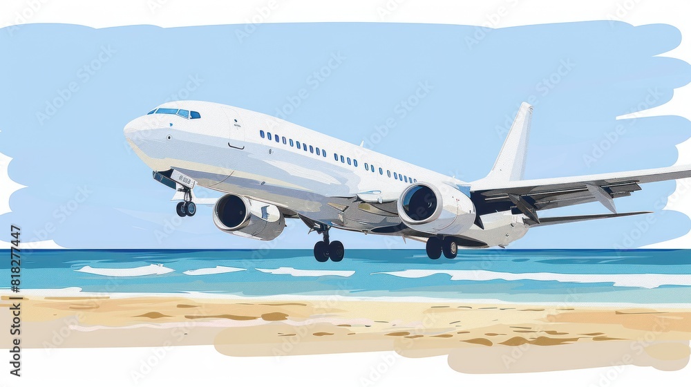 A plane is flying low over a beach, with the sea and sky blending together in the background. A plane is flying low over a beach, with the sea and sky blending together in the background.