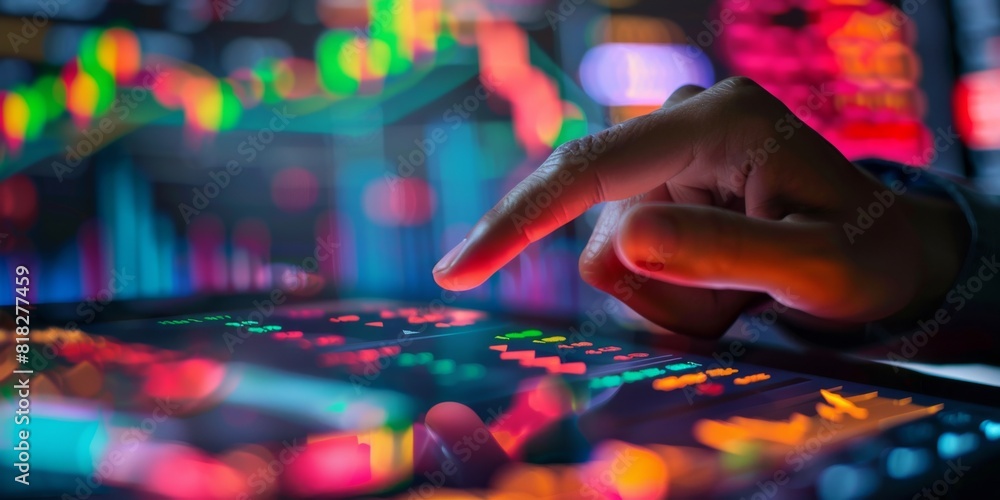 Hand with a tablet displaying digital asset trends, finger indicating a point, stock exchange background Hand with a tablet displaying digital asset trends, finger indicating a point, stock exchange background