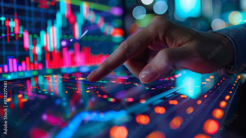 Hand with a tablet displaying digital asset trends, finger indicating a point, stock exchange background Hand with a tablet displaying digital asset trends, finger indicating a point, stock exchange background