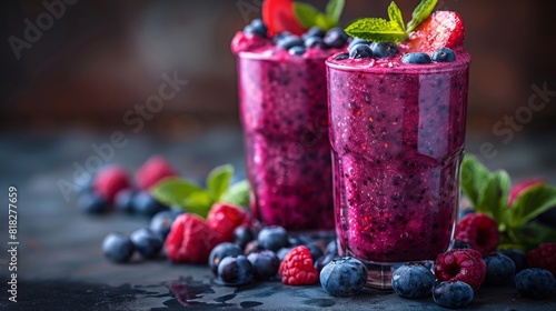 A picture of blueberry smoothies purple colored fruit juice milkshake blend beverage with high protein is shown in a glass against a background of white wood.