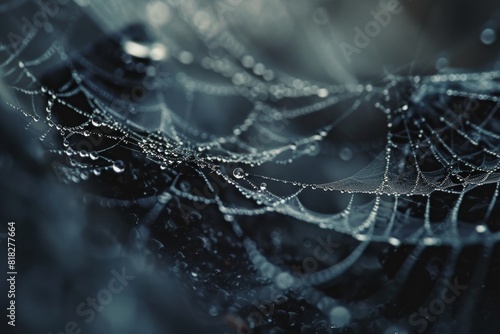 Dew covered spider webs on a dark background with water droplets