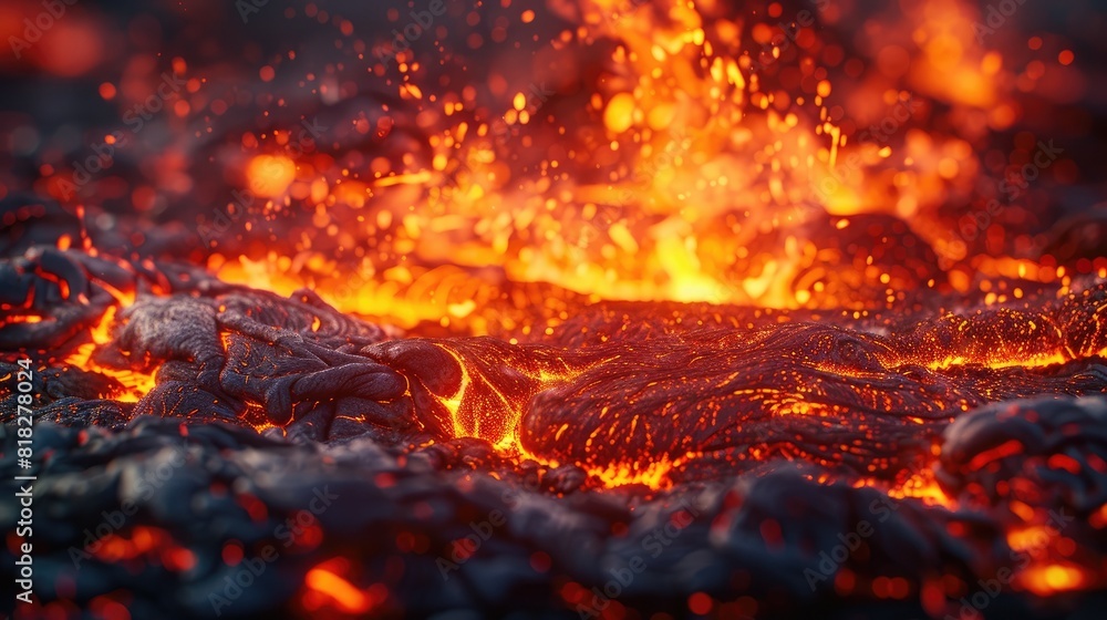 Close-up of molten lava emitting bright orange light, showcasing the intense heat and dynamic flow of volcanic activity.