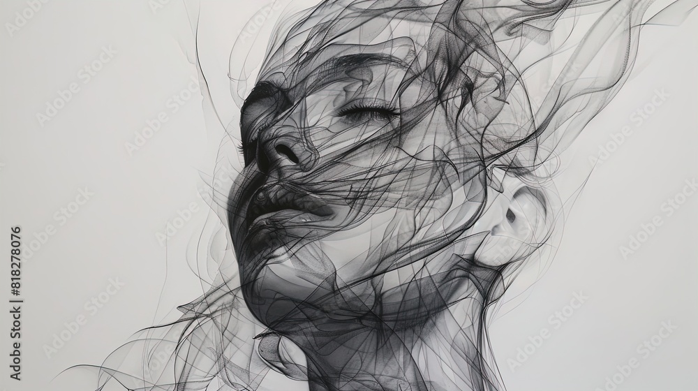 Abstract illustration of a woman's face with closed eyes, surrounded by swirling black lines. Digital art portrait in monochrome. Concept of introspection and meditation. Abstract illustration of a woman's face with closed eyes, surrounded by swirling black lines. Digital art portrait in monochrome. Concept of introspection and meditation.