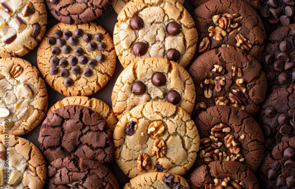 Close-up of assorted cookies with chocolate chips and nuts, showcasing a variety of flavors and textures. The delicious cookies are arranged in an inviting pattern, perfect for dessert and snack visua Close-up of assorted cookies with chocolate chips and nuts, showcasing a variety of flavors and textures. The delicious cookies are arranged in an inviting pattern, perfect for dessert and snack visua