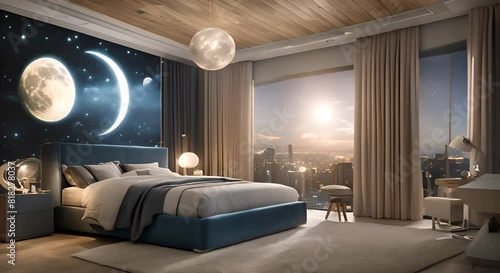 A celestial themed bedroom with glow in the dark stars on the ceiling moon shaped nightlights and a telescope by the window photo