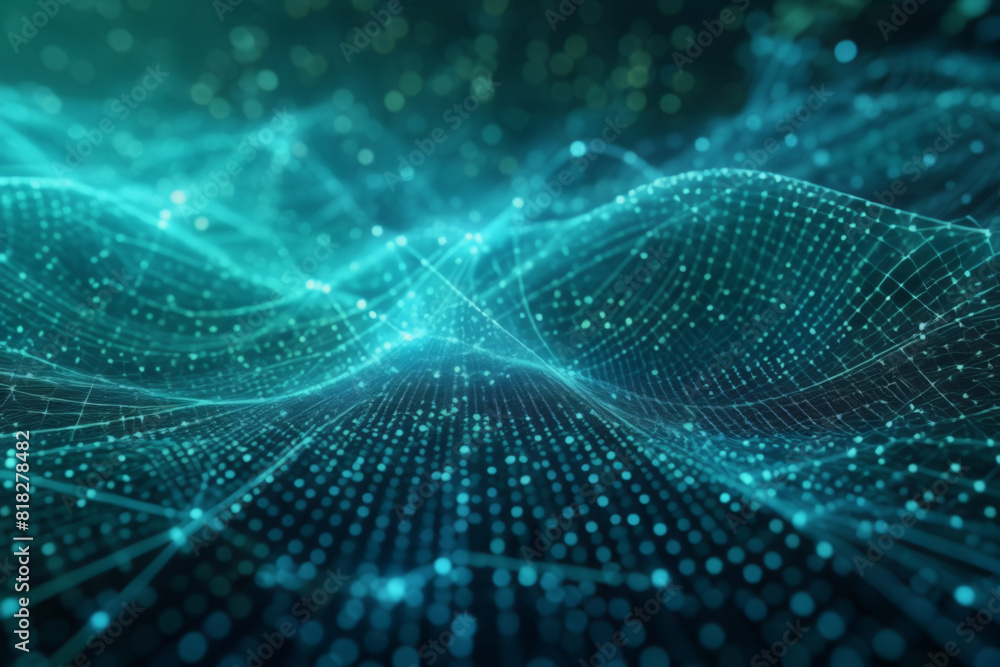 An abstract tech backdrop featuring a cyber network grid and interconnected particles. Artificial neural networks, worldwide data links An abstract tech backdrop featuring a cyber network grid and interconnected particles. Artificial neural networks, worldwide data links