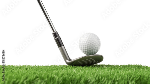 Golf ball on tee and golf club with fairway isolated on a transparent background
