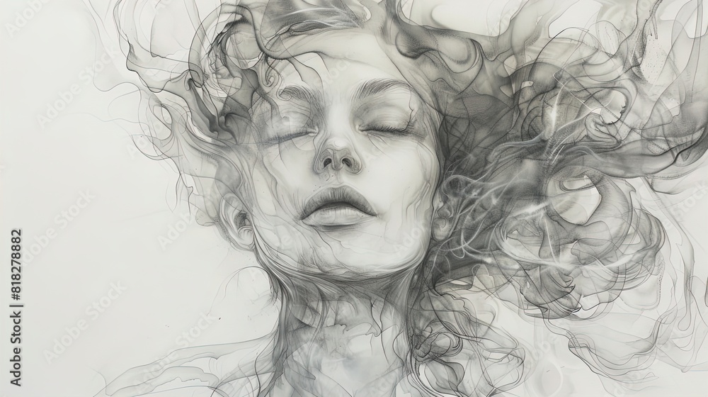 Abstract illustration of a woman's face with closed eyes, surrounded by swirling black lines. Digital art portrait in monochrome. Concept of introspection and meditation. Abstract illustration of a woman's face with closed eyes, surrounded by swirling black lines. Digital art portrait in monochrome. Concept of introspection and meditation.
