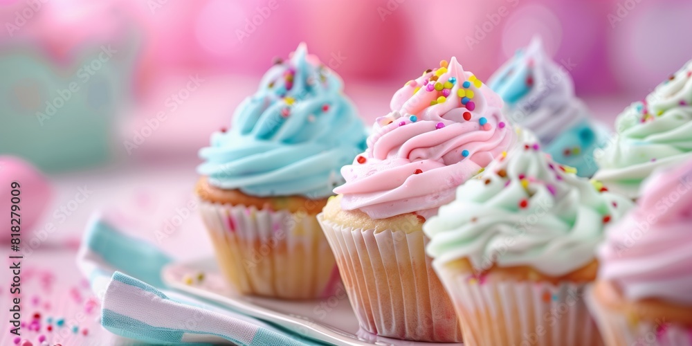 Delicious cupcakes with vibrant frosting and sprinkles set on a dreamy backdrop Perfect for dessert-themed visuals Delicious cupcakes with vibrant frosting and sprinkles set on a dreamy backdrop Perfect for dessert-themed visuals