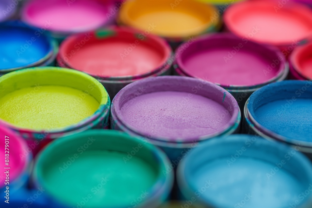 Fototapeta premium Colorful watercolor paint pots in a row