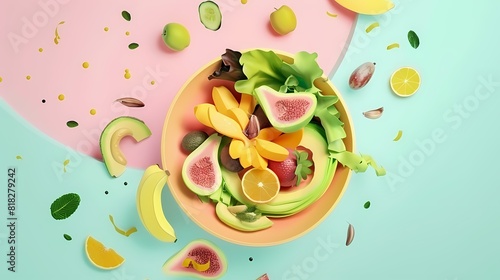 A vibrant burst of fresh tropical fruits in a colorful artistic arrangement