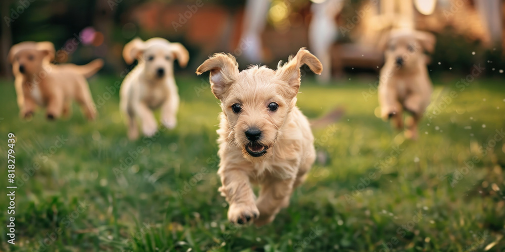 Golden puppies exuberantly playing together on a lush green grassy field in the garden, banner Golden puppies exuberantly playing together on a lush green grassy field in the garden, banner