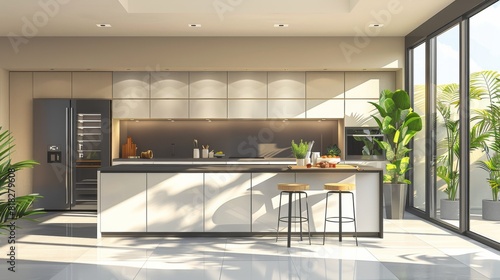 High-quality illustration of a contemporary kitchen with a minimalist design and integrated appliances