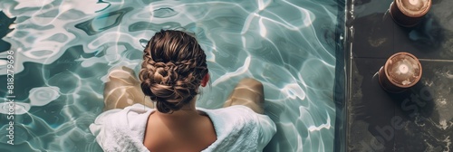 Person in a serene setting, indulging in a peaceful spa experience with a tranquil water backdrop