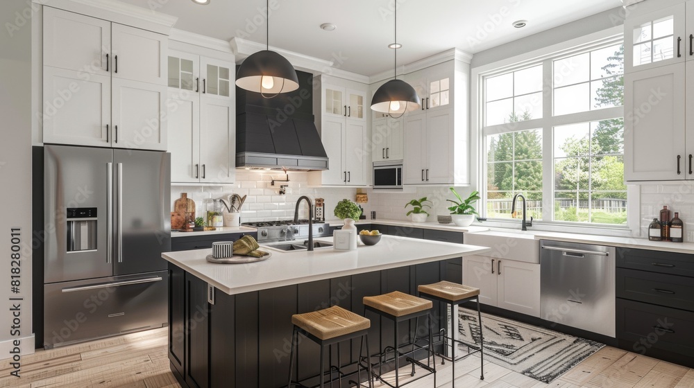 High-quality illustration of a modern kitchen with a combination of matte black and white cabinetry, and stainless steel appliances High-quality illustration of a modern kitchen with a combination of matte black and white cabinetry, and stainless steel appliances