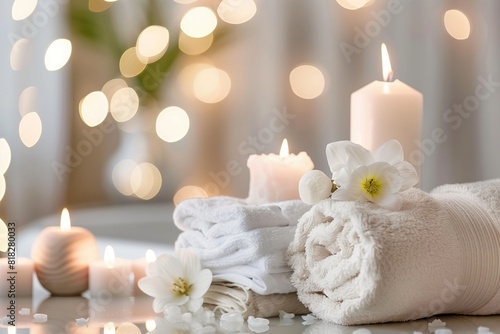 A soothing spa setup with flickering candles  white towels  and delicate white flowers on a surface