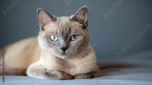Chic Burmese Cat Resting on Plain Background, Perfect for Text Addition © Hammad