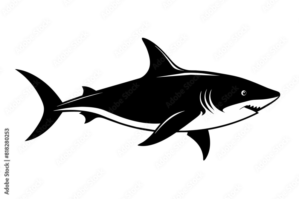 Bull Shark, side view, silhouette black color 