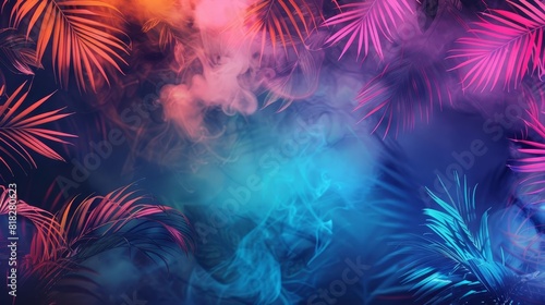 tropical neon night with palm leaves and colorful smoke abstract background