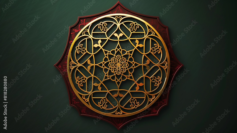 Rich Maroon and Gold Islamic Motif A detailed 3D realistic Islamic motif in rich maroon and gold, showcasing exquisite craftsmanship on a dark green background.