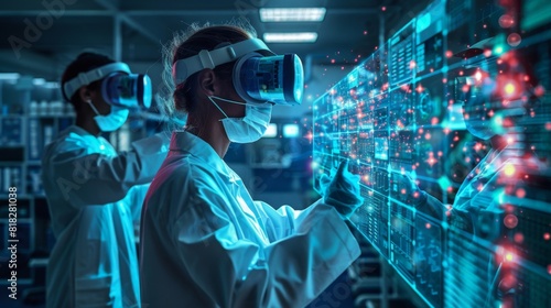 High-tech biotech lab with scientists wearing VR headsets to analyze biological data