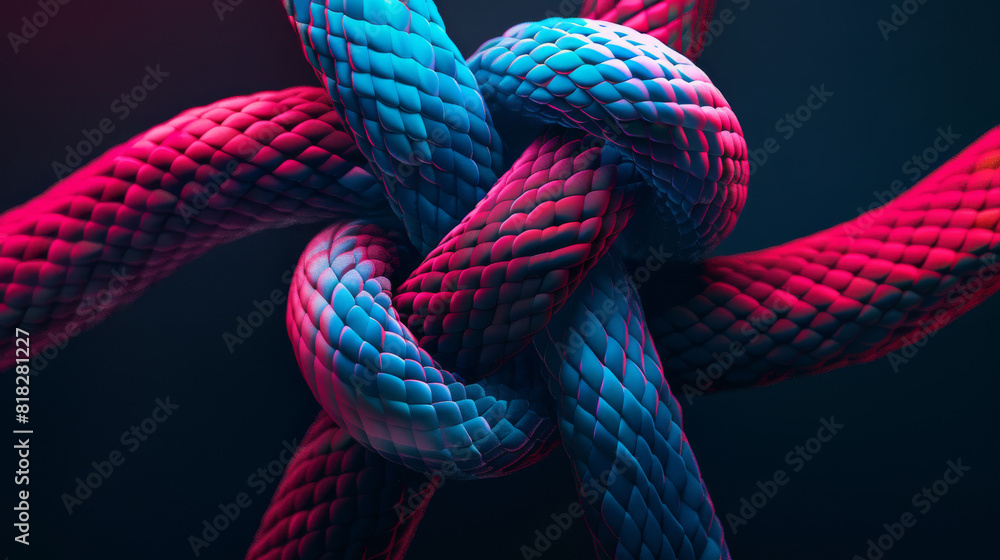 A knot is made of two ropes, one blue and one red. The knot is twisted and knotted, and the ropes are intertwined. The image has a sense of tension and complexity