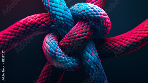 A knot is made of two ropes, one blue and one red. The knot is twisted and knotted, and the ropes are intertwined. The image has a sense of tension and complexity