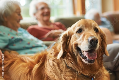 Pet Therapy Session in Healthcare Facility with Therapy Dog Interacting with Elderly Patients