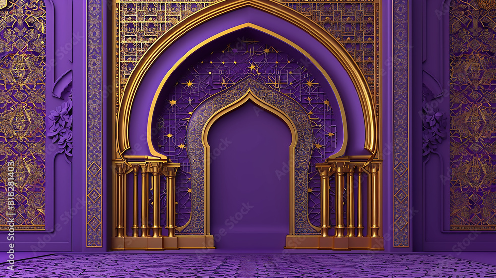 Royal Purple and Gold Islamic Arch A majestic 3D realistic Islamic arch in royal purple and gold, featuring detailed geometric patterns on a plum background.