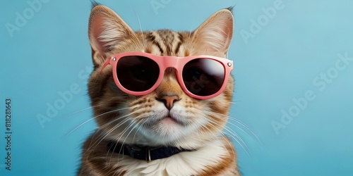 Potrait illustration of a cute cat wearing glasses to welcome the summer holidays on a blue background © sanstudio