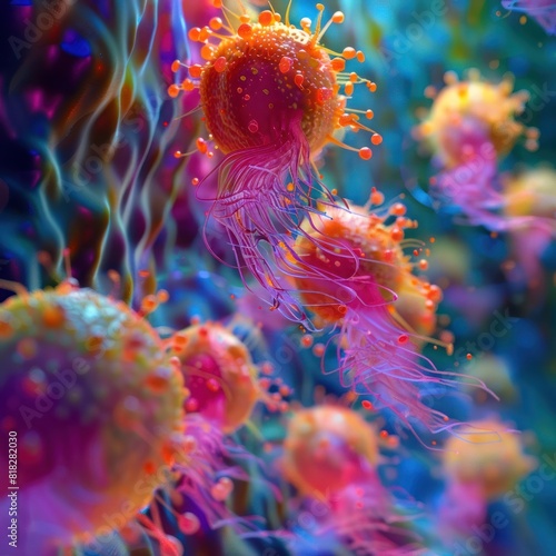 Vibrant D Rendering of Motile Bacteria Under Magnified Macro