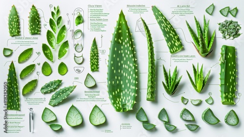 Aloe Vera Leaves Dissected on White Background with Annotated Benefits - Scientific Banner for Clinical Use and Design photo