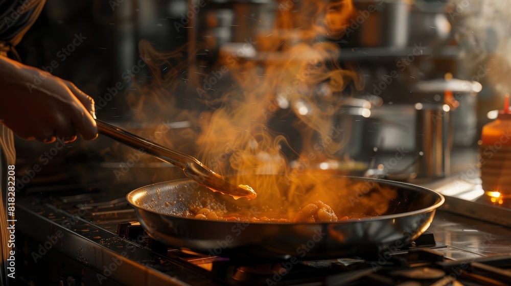 Close-up of a chef cooking with a pan, steam rising, in a professional kitchen setting, highlighting the art of culinary preparation.