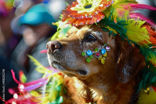 Festive Pet Parade: Dog in Colorful Costume for Community Celebration and Tradition photo