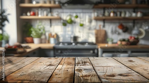 rustic wooden table top with blurred kitchen in background food photography backdrop concept