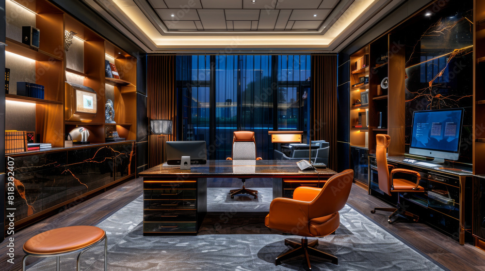 Luxurious executive office with custom furniture, ambient lighting, and a high-tech work setup