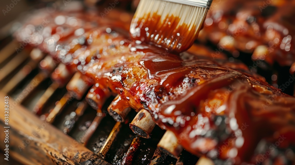 Close-up of ribs being brushed with barbecue sauce on the grill, showcasing a delicious and juicy summer meal.