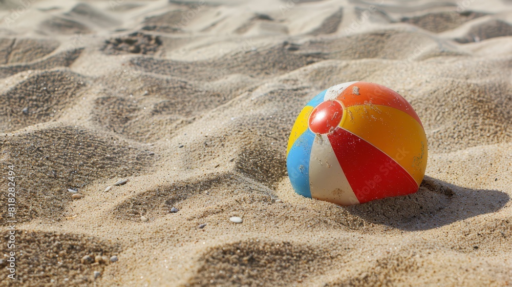 Colorful beach ball resting on sandy beach. Perfect summer day with clear skies and warm sand. Colorful beach ball resting on sandy beach. Perfect summer day with clear skies and warm sand.
