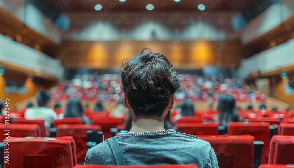 Audience member attends lecture in modern auditorium with red seats, facing stage in the distance. Back view of listener in academic setting Audience member attends lecture in modern auditorium with red seats, facing stage in the distance. Back view of listener in academic setting