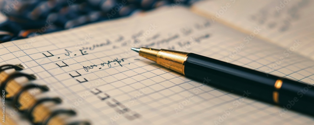 Close-up of a pen on a notebook with grid paper, featuring a handwritten checklist. Ideal for productivity, planning, and organization themes. Close-up of a pen on a notebook with grid paper, featuring a handwritten checklist. Ideal for productivity, planning, and organization themes.