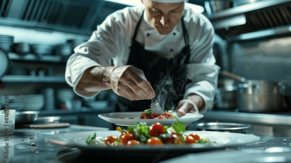 Chef meticulously plating a gourmet dish in a professional kitchen, showcasing culinary artistry with fresh ingredients and precision. Chef meticulously plating a gourmet dish in a professional kitchen, showcasing culinary artistry with fresh ingredients and precision.