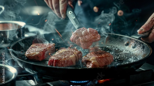 Wallpaper Mural Chef cooking savory steaks in a hot pan on a stove. Steam rises as the meat is carefully handled with precision and expertise in culinary arts. Torontodigital.ca