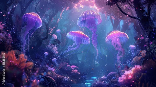 enchanting underwater scene with luminescent jellyfish ethereal ocean depths fantasy digital painting © Bijac