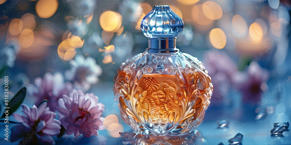 A bottle of perfume elegantly placed on top of a wooden table A bottle of perfume elegantly placed on top of a wooden table