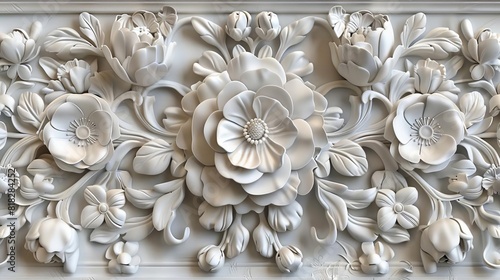 intricate floral plaster wall texture with volumetric decorative flowers highresolution photo