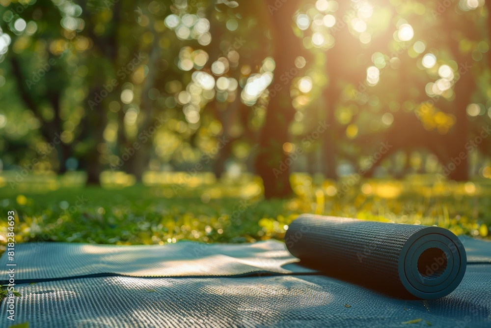 Eco-Friendly Yoga Mats in Serene Sunny Park Setting, Perfect for Outdoor Fitness and Meditation Eco-Friendly Yoga Mats in Serene Sunny Park Setting, Perfect for Outdoor Fitness and Meditation